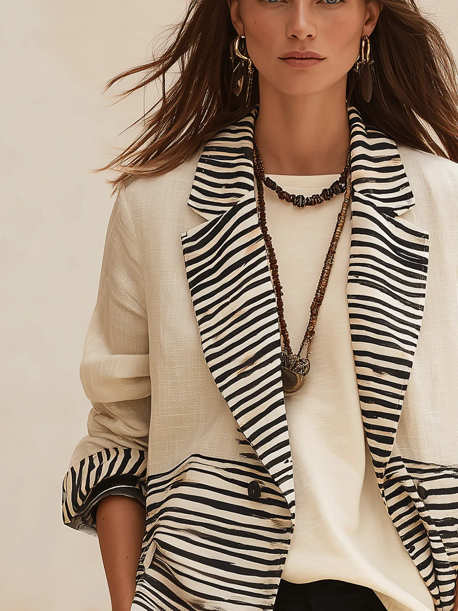Women's Linen Blend With Zebra Print Contrast Lapel Blazer - Image 2