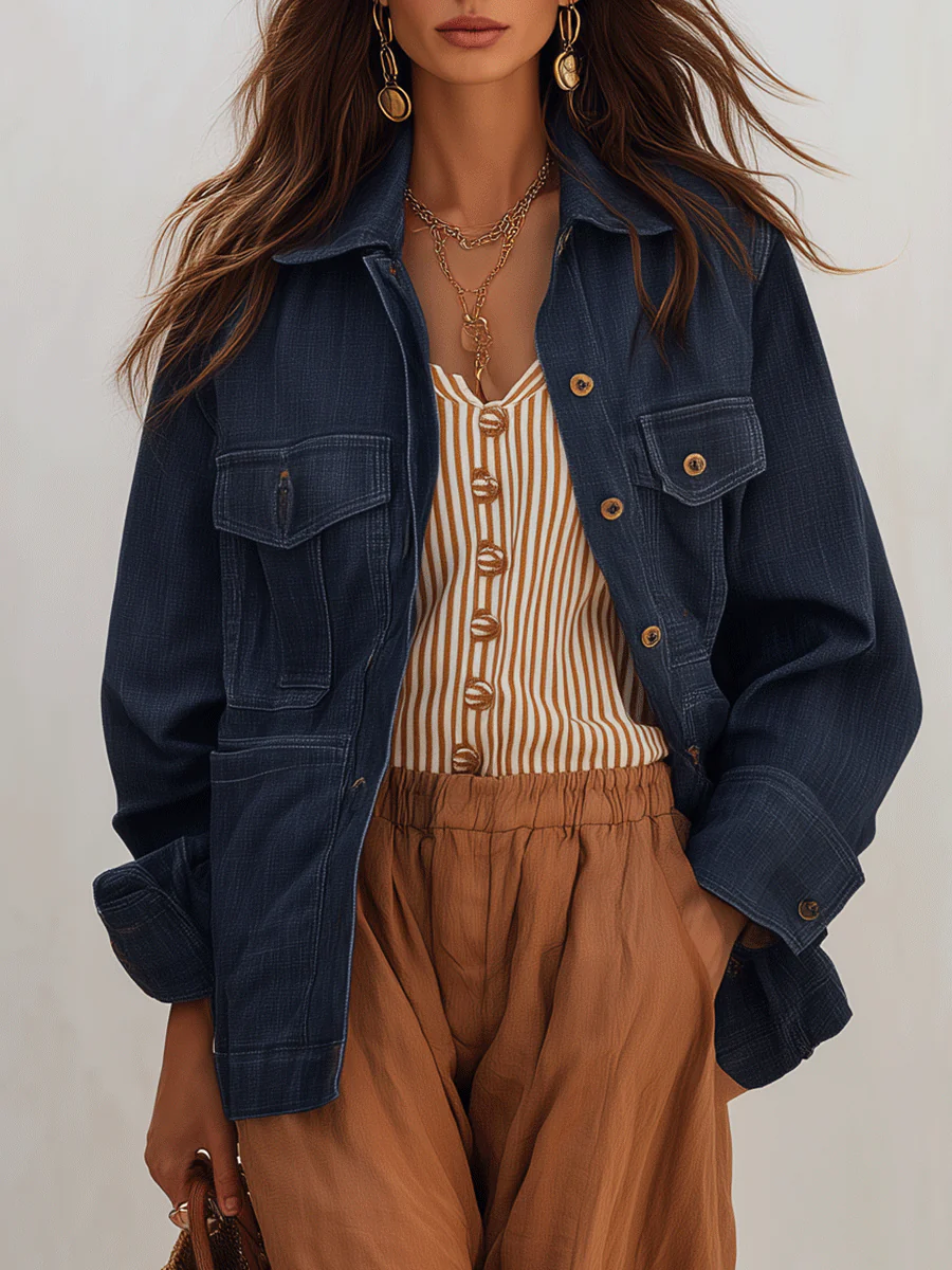Women's Oversized Denim Shirt With Chest Pockets Jacket