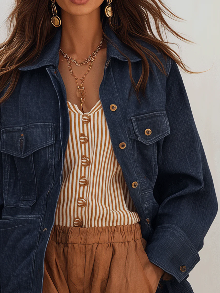 Women's Oversized Denim Shirt With Chest Pockets Jacket - Image 4