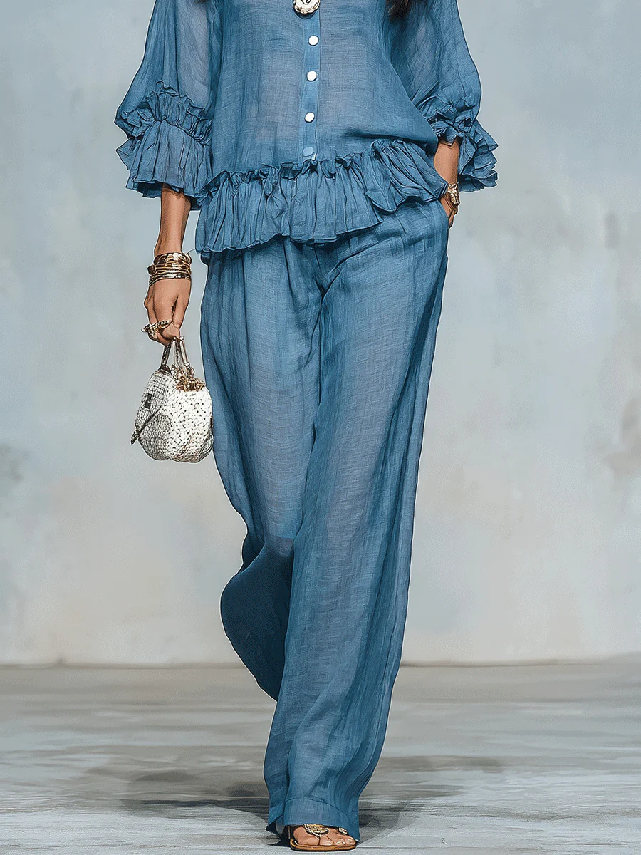 Women's Sheer Ruffle Blouse & Wide Leg Pants Two-Piece Set - Image 3