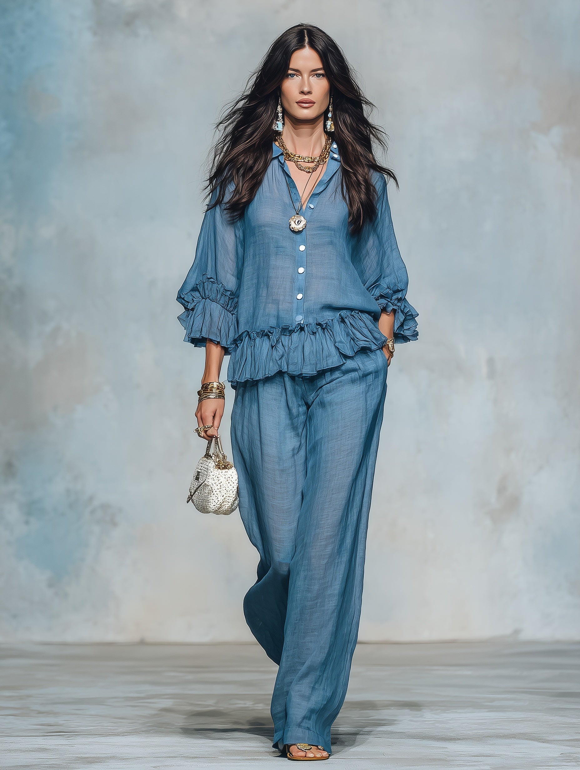 Women's Sheer Ruffle Blouse & Wide Leg Pants Two-Piece Set - Image 4