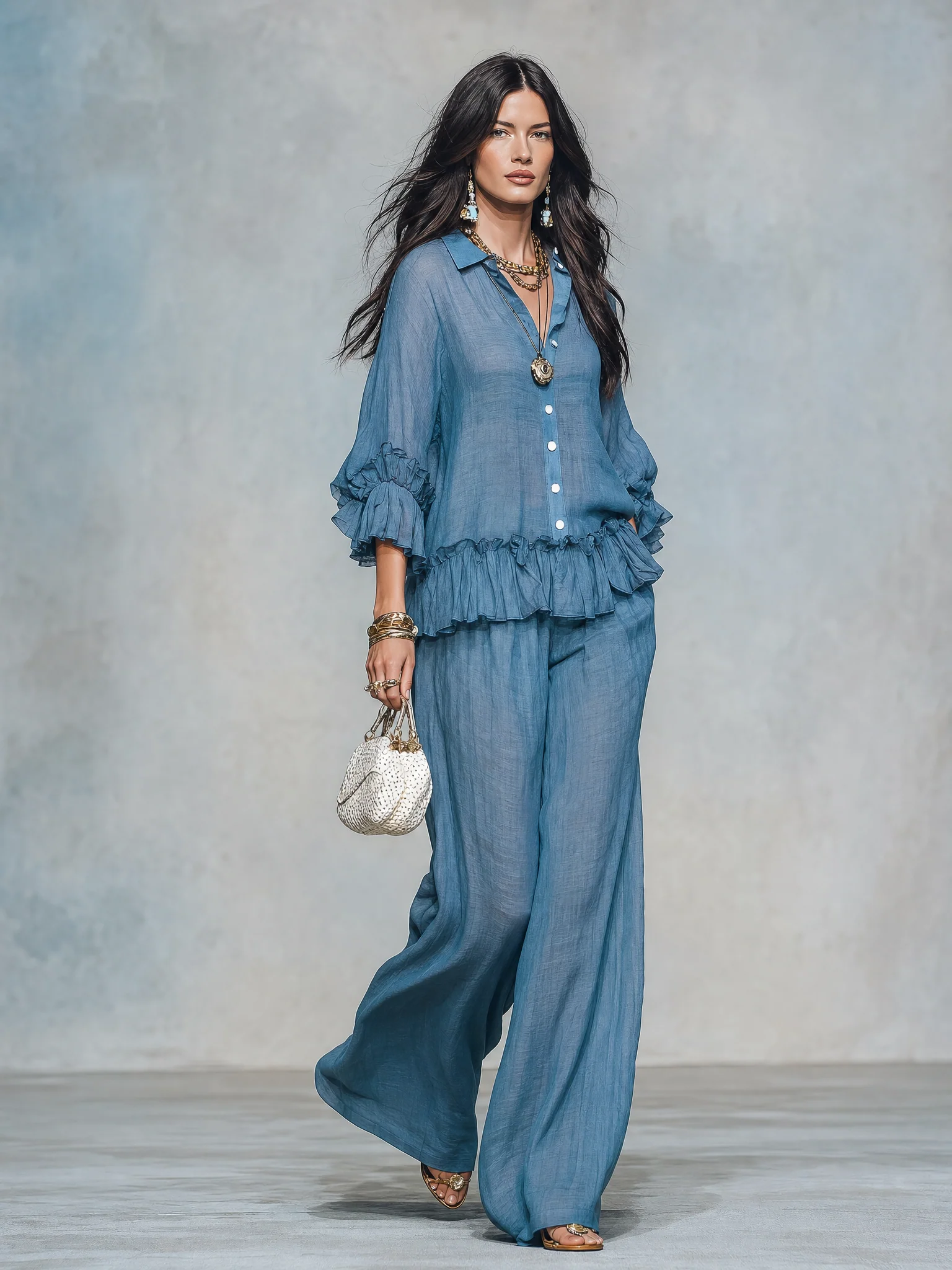 Women's Sheer Ruffle Blouse & Wide Leg Pants Two-Piece Set - Image 6