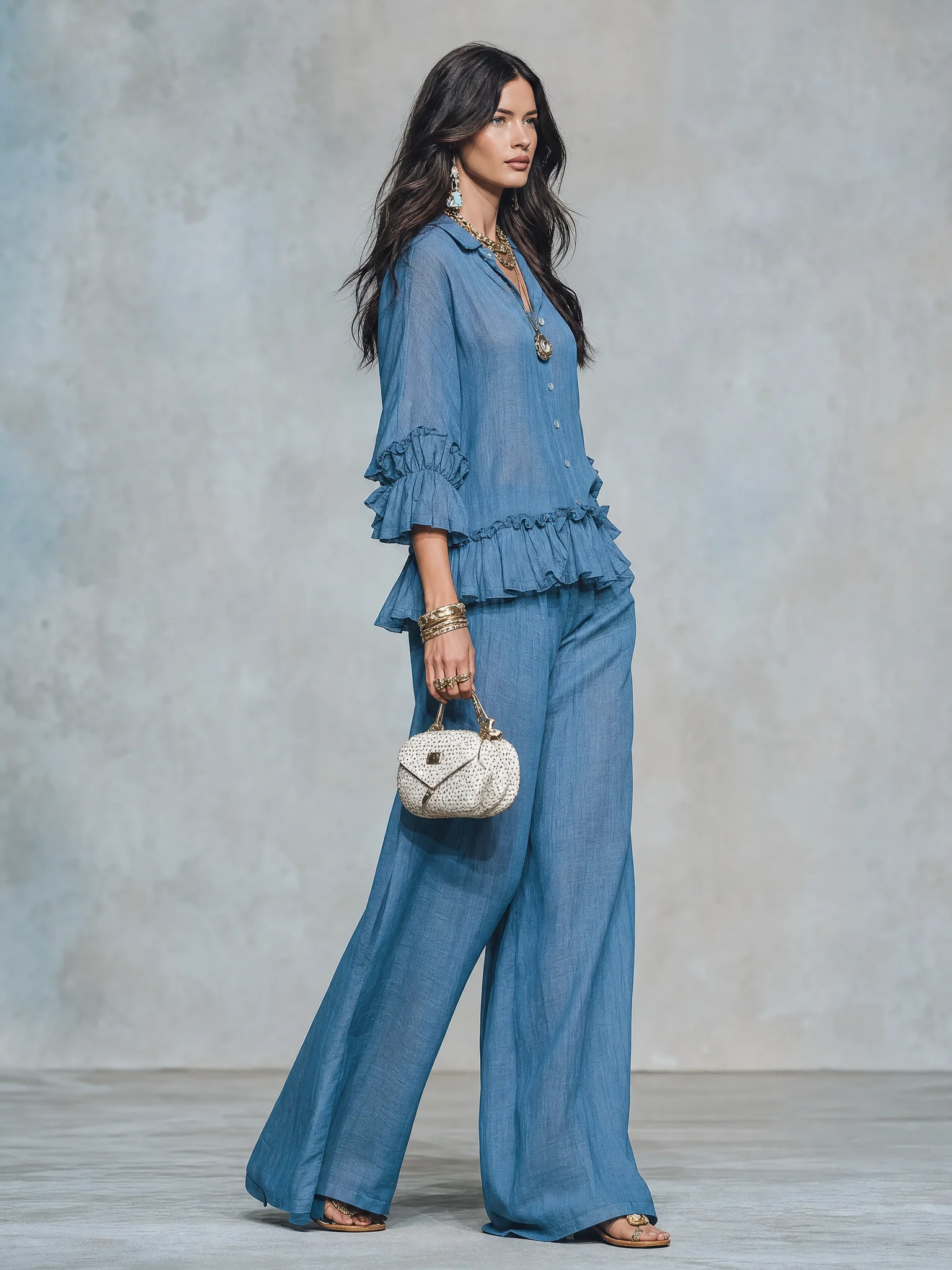 Women's Sheer Ruffle Blouse & Wide Leg Pants Two-Piece Set - Image 7
