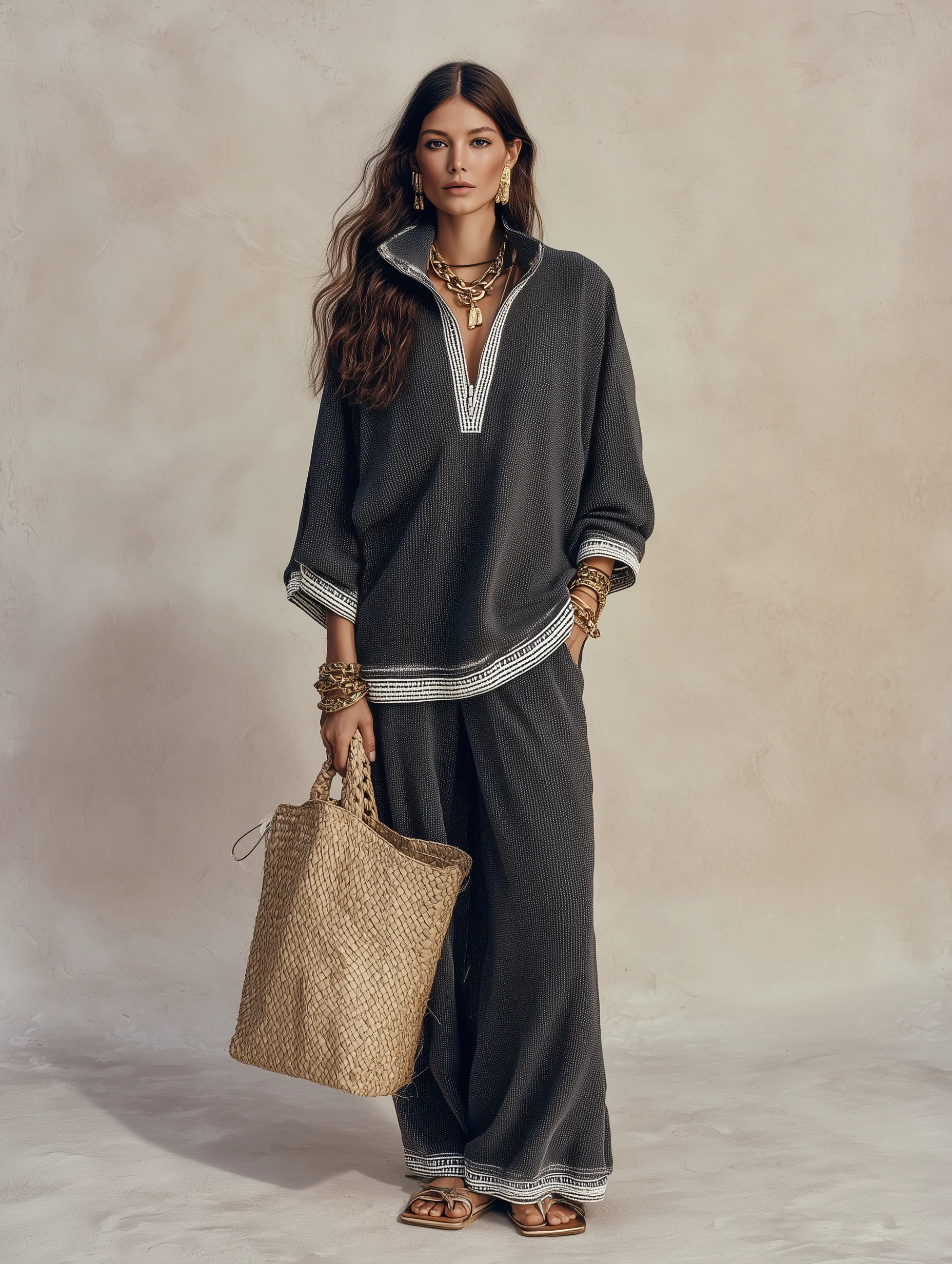 Women's Textured V-Neck Half-Zip Top and Wide-Leg Pants Two-Piece Set - Image 2