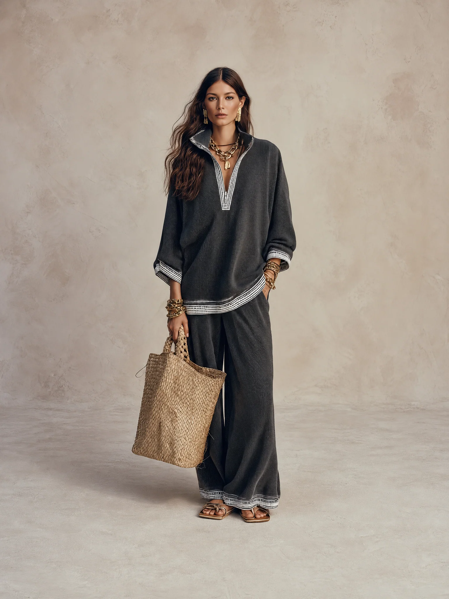 Women's Textured V-Neck Half-Zip Top and Wide-Leg Pants Two-Piece Set - Image 3