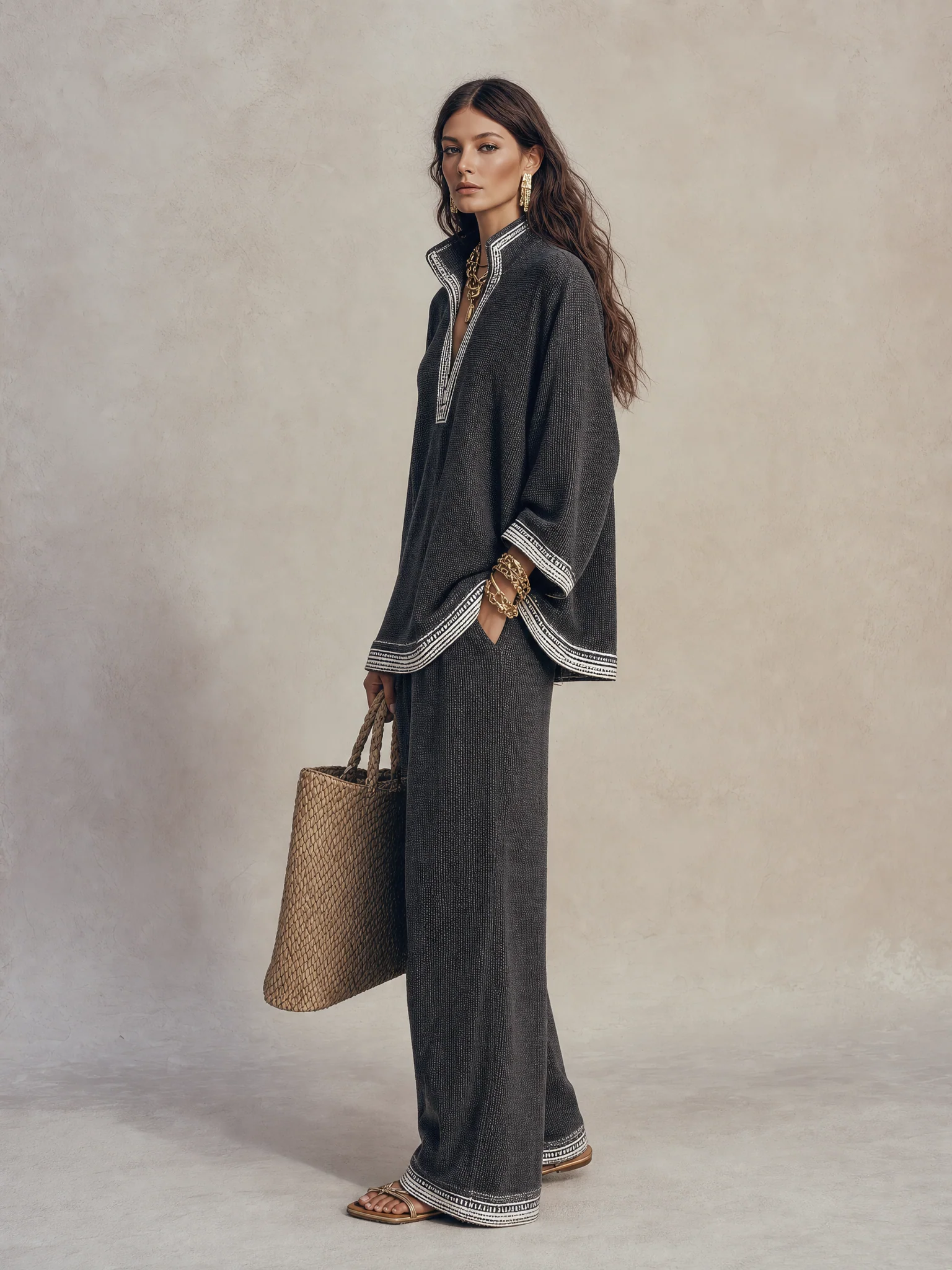 Women's Textured V-Neck Half-Zip Top and Wide-Leg Pants Two-Piece Set - Image 5