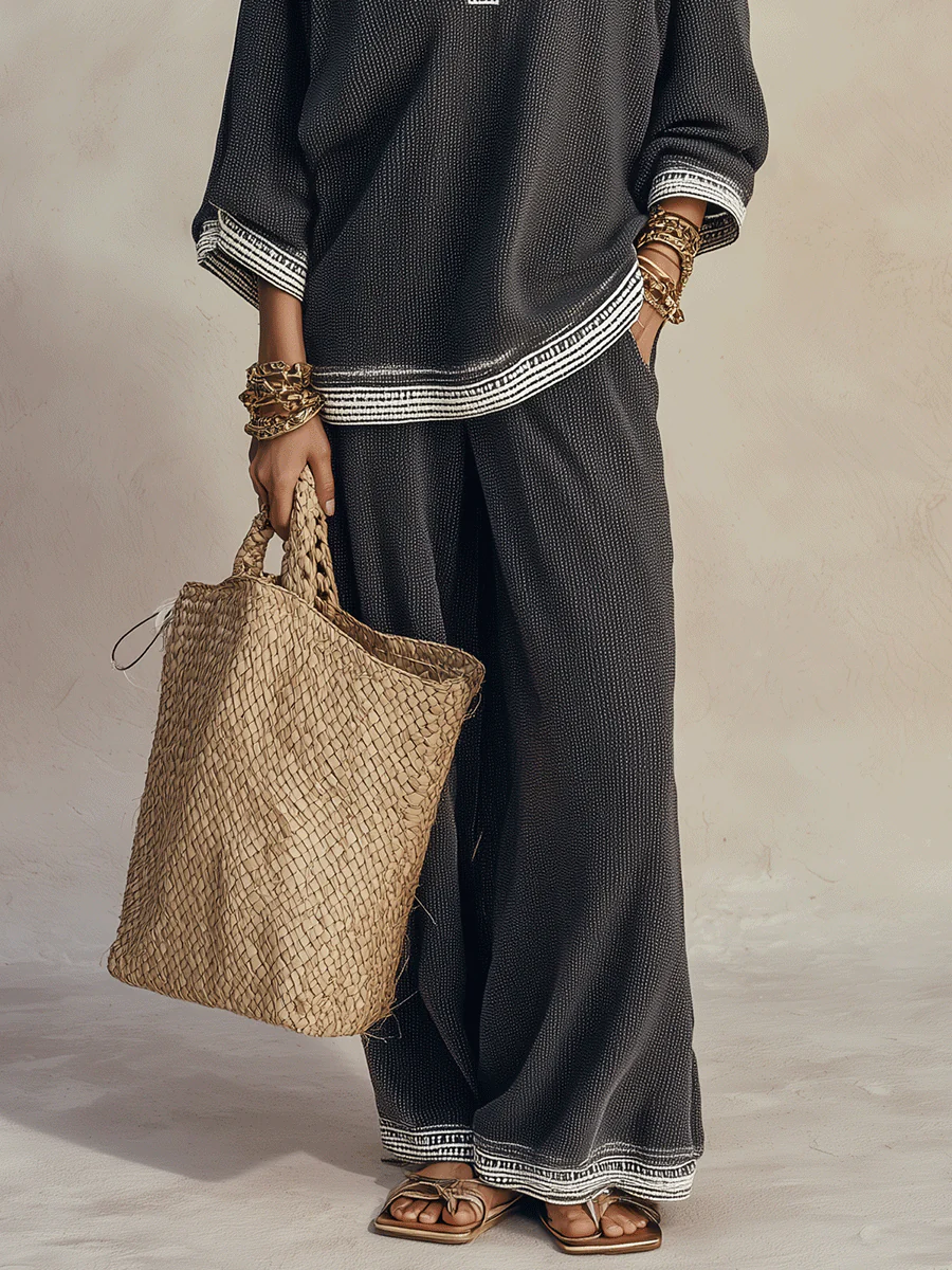 Women's Textured V-Neck Half-Zip Top and Wide-Leg Pants Two-Piece Set - Image 6