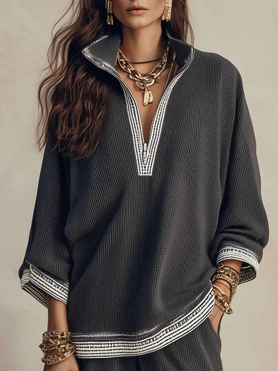Women's Textured V-Neck Half-Zip Top and Wide-Leg Pants Two-Piece Set - Image 7