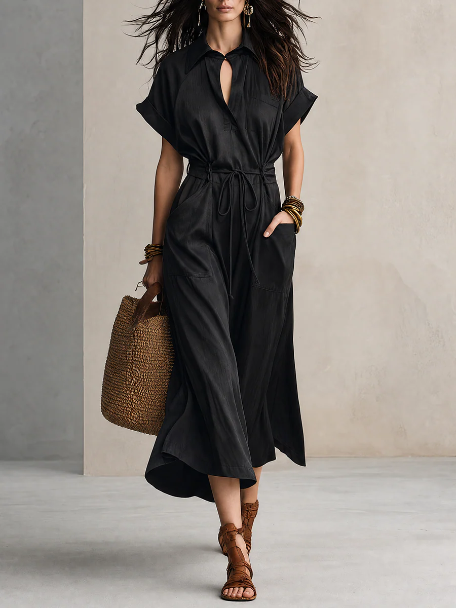 Work-to-Vacation Collared Short Sleeve Linen Midi Dress