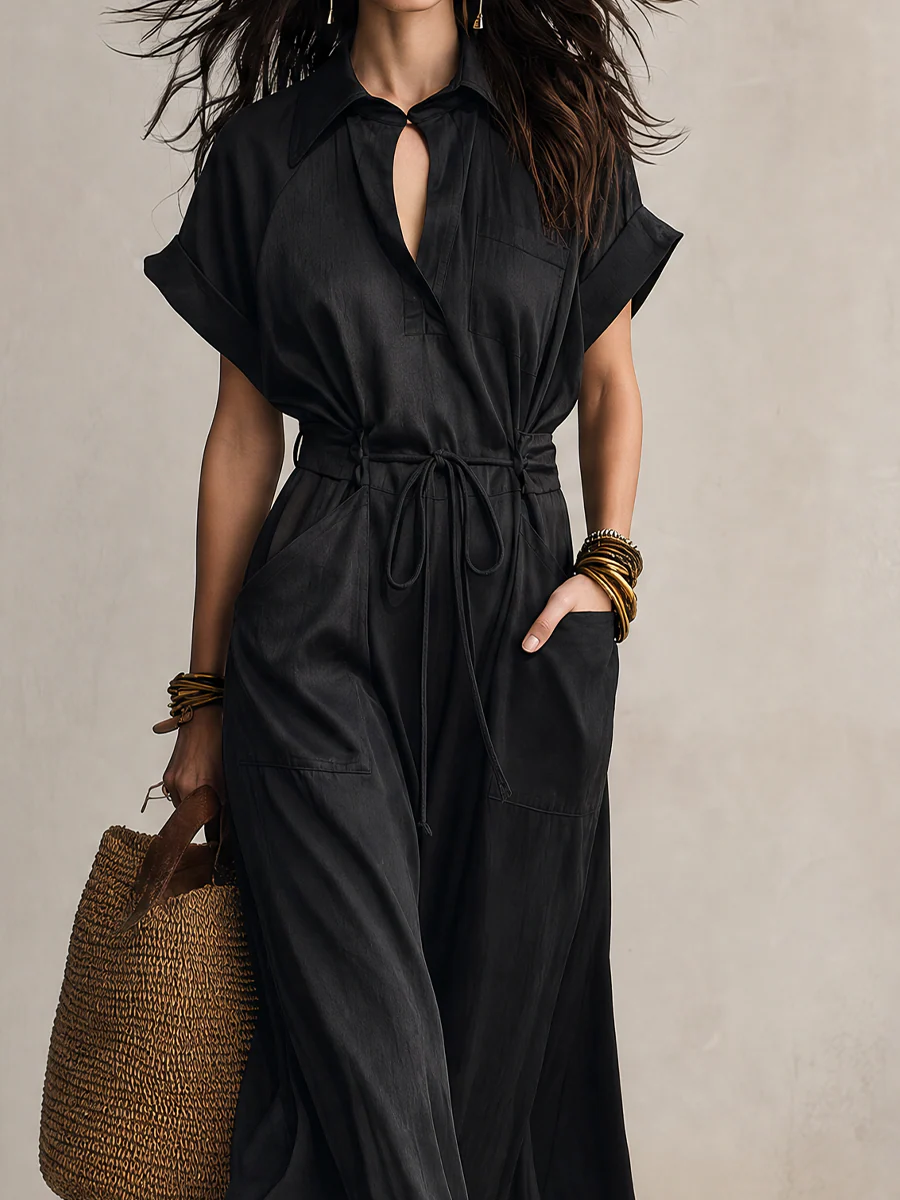 Work-to-Vacation Collared Short Sleeve Linen Midi Dress - Image 2
