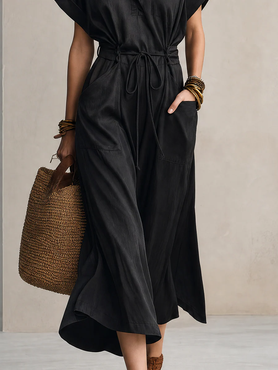 Work-to-Vacation Collared Short Sleeve Linen Midi Dress - Image 3